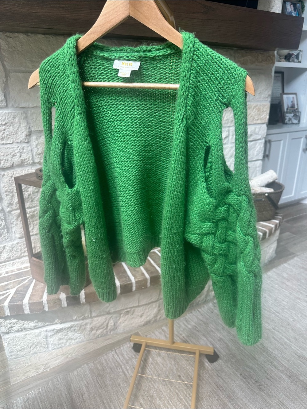 Maeve Bright Green Chunky Cable-Arm Open Cardigan